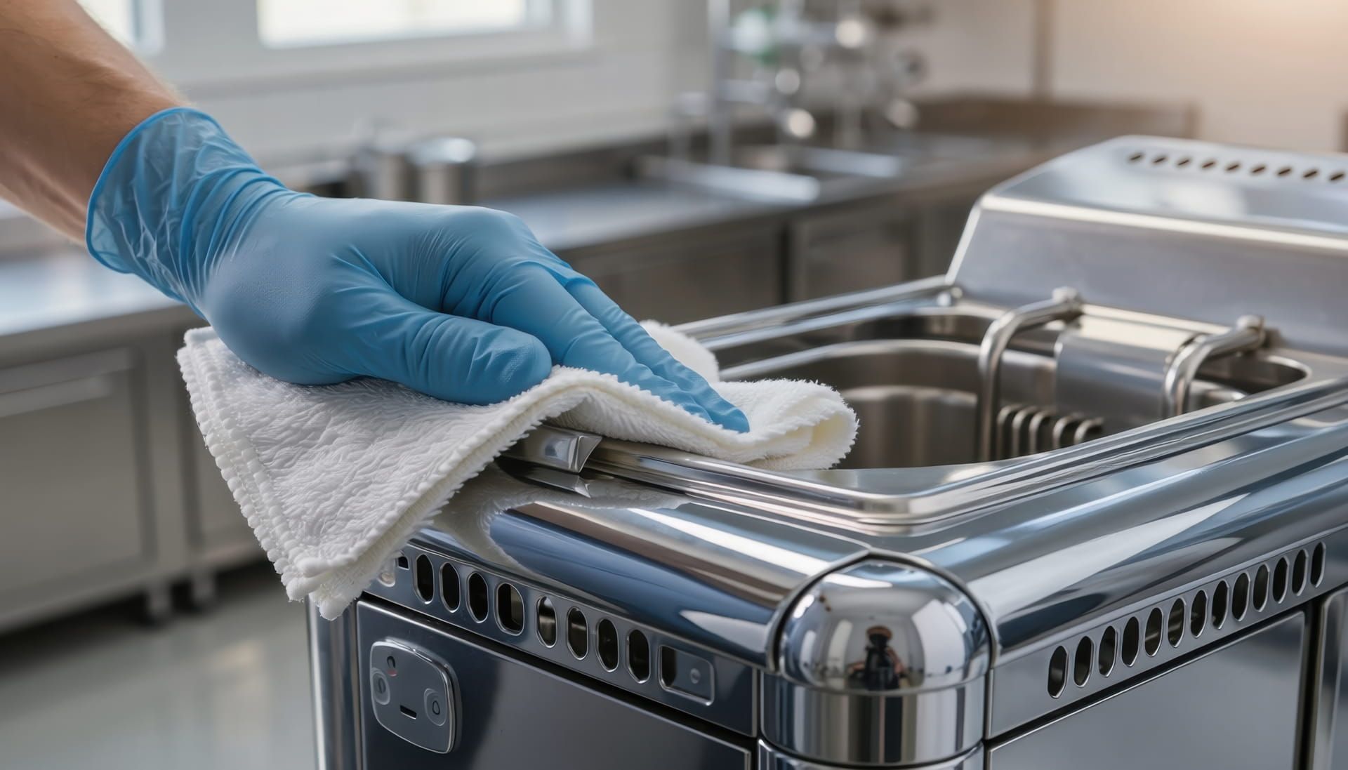 Blue-gloved hand wiping a stainless steel appliance with a white cloth in a kitchen