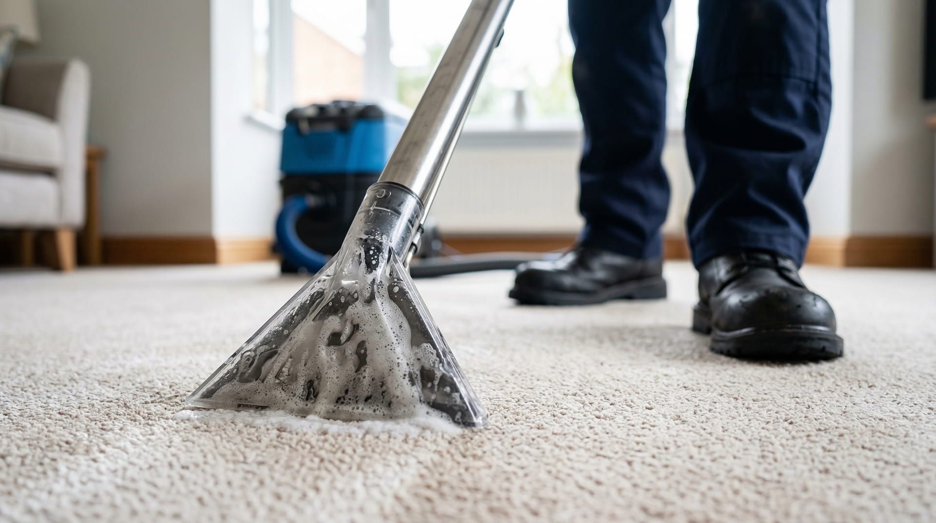 Carpet cleaning tool vacuuming a light-colored rug beside a person’s legs and shoes