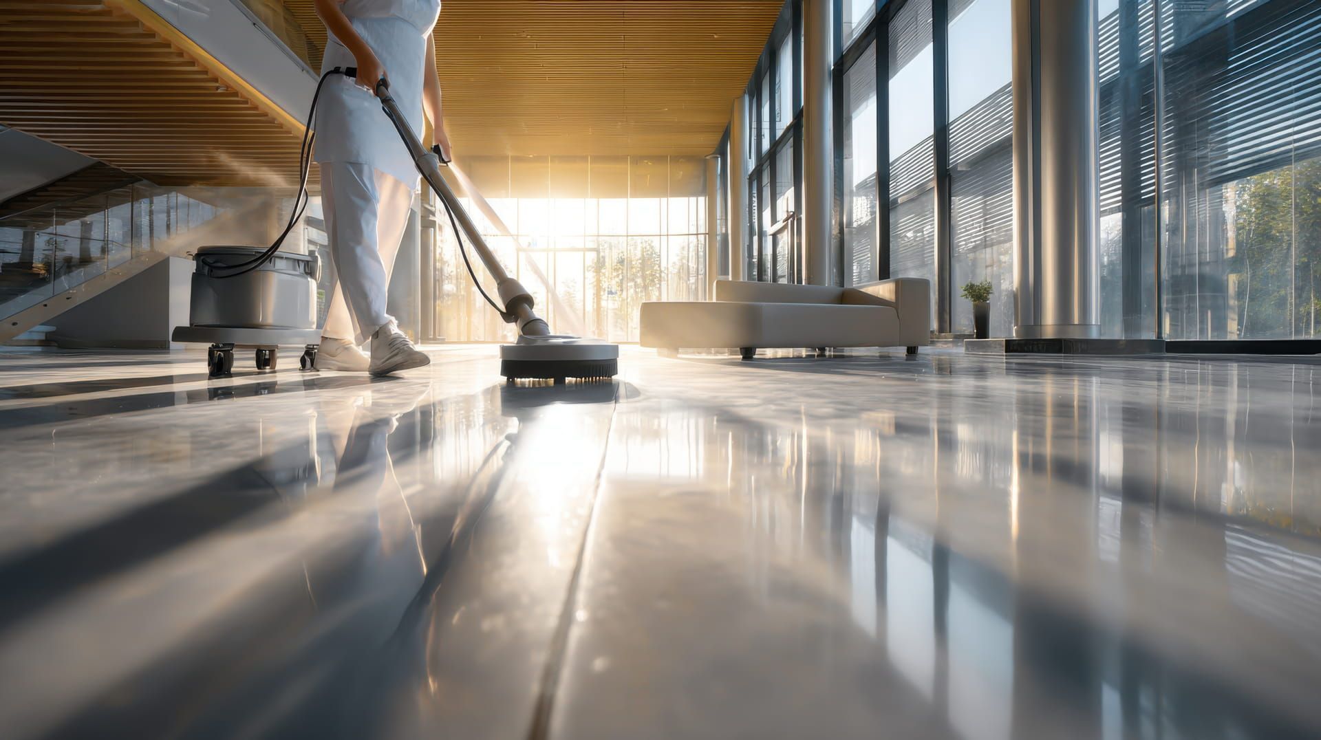 Person vacuuming a glossy airport terminal floor with sunlight streaming through glass walls