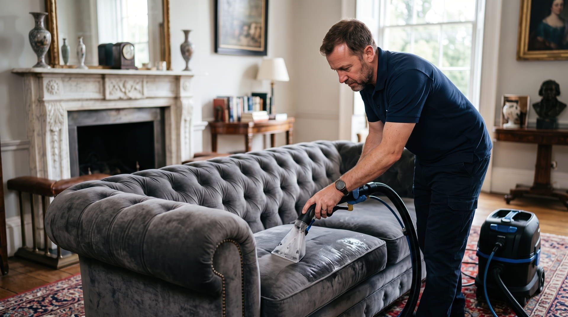 Man cleaning a gray tufted sofa with a steam cleaner in a bright living room