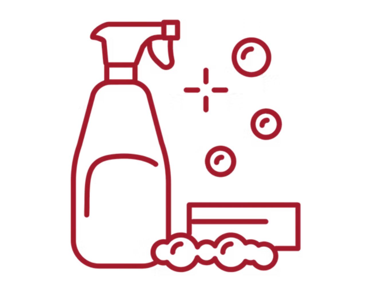 Red line icon of a spray cleaner bottle with bubbles and a sponge.