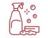 Red line icon of a spray cleaner bottle with bubbles and a sponge.