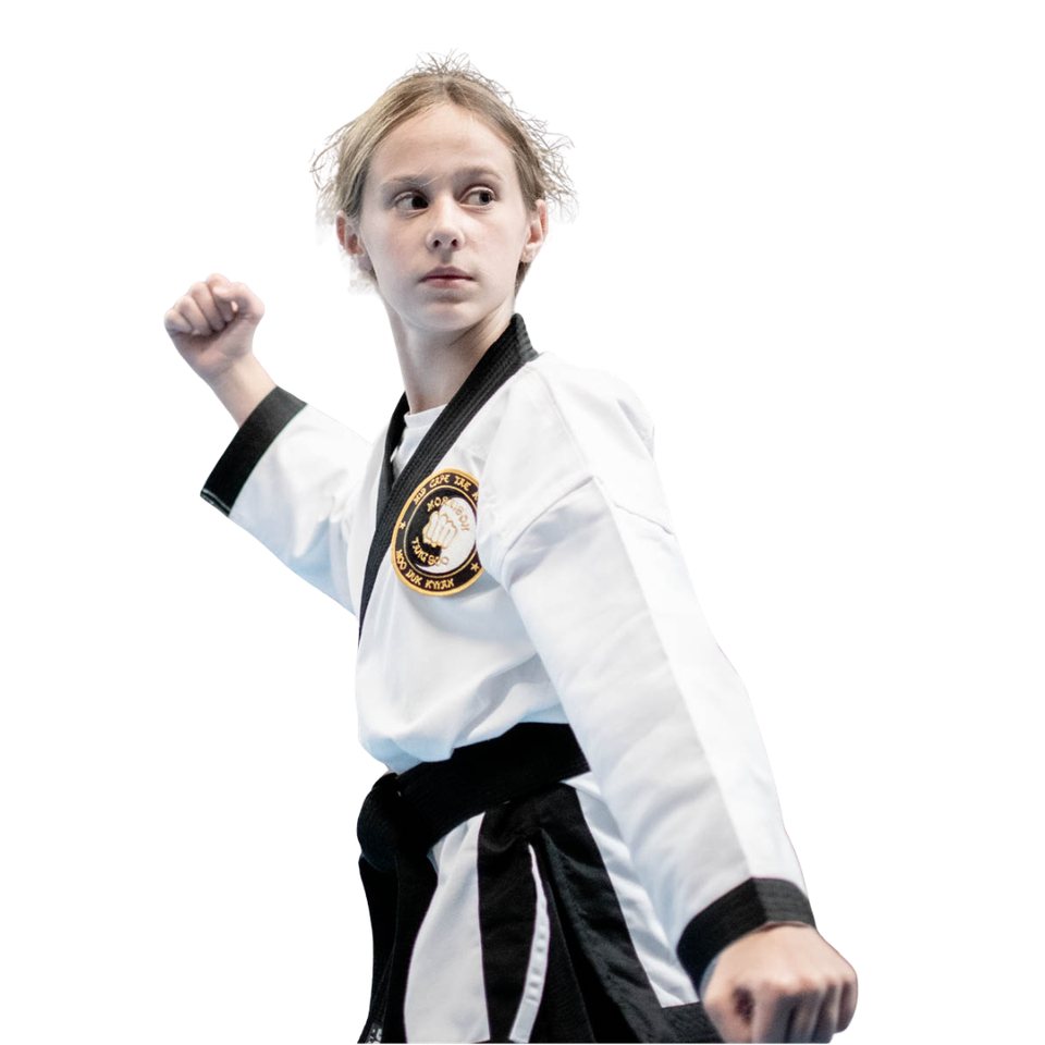 A woman in a white karate uniform with a black belt