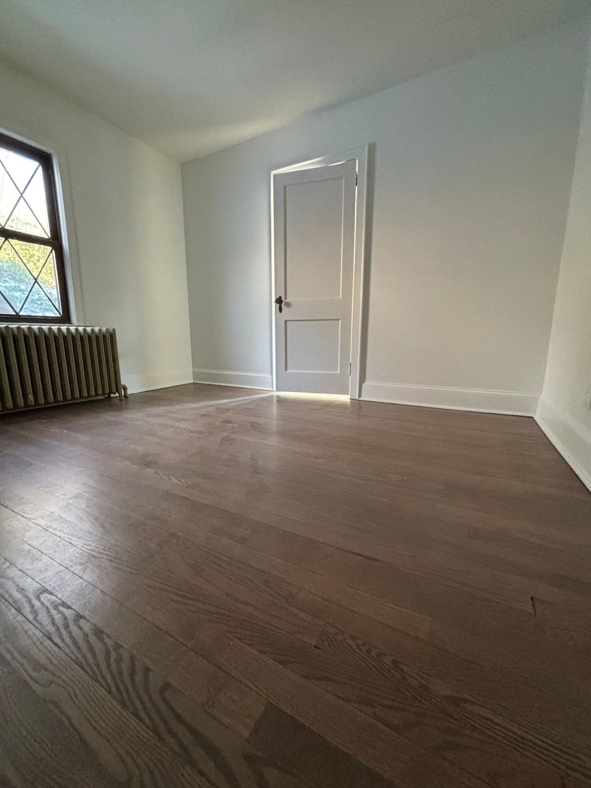 Empty room with dark wood floor, white walls, a closed door, and a radiator under a window.