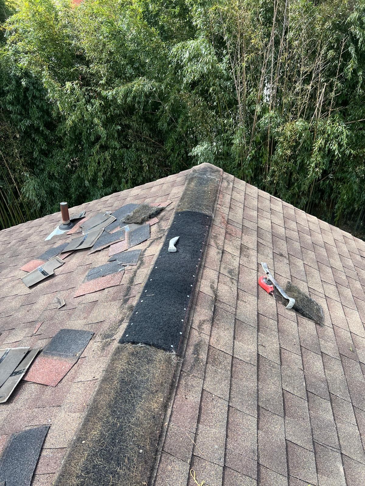 Roof with missing and damaged shingles, repair in progress. A pair of clippers rests on the roof.