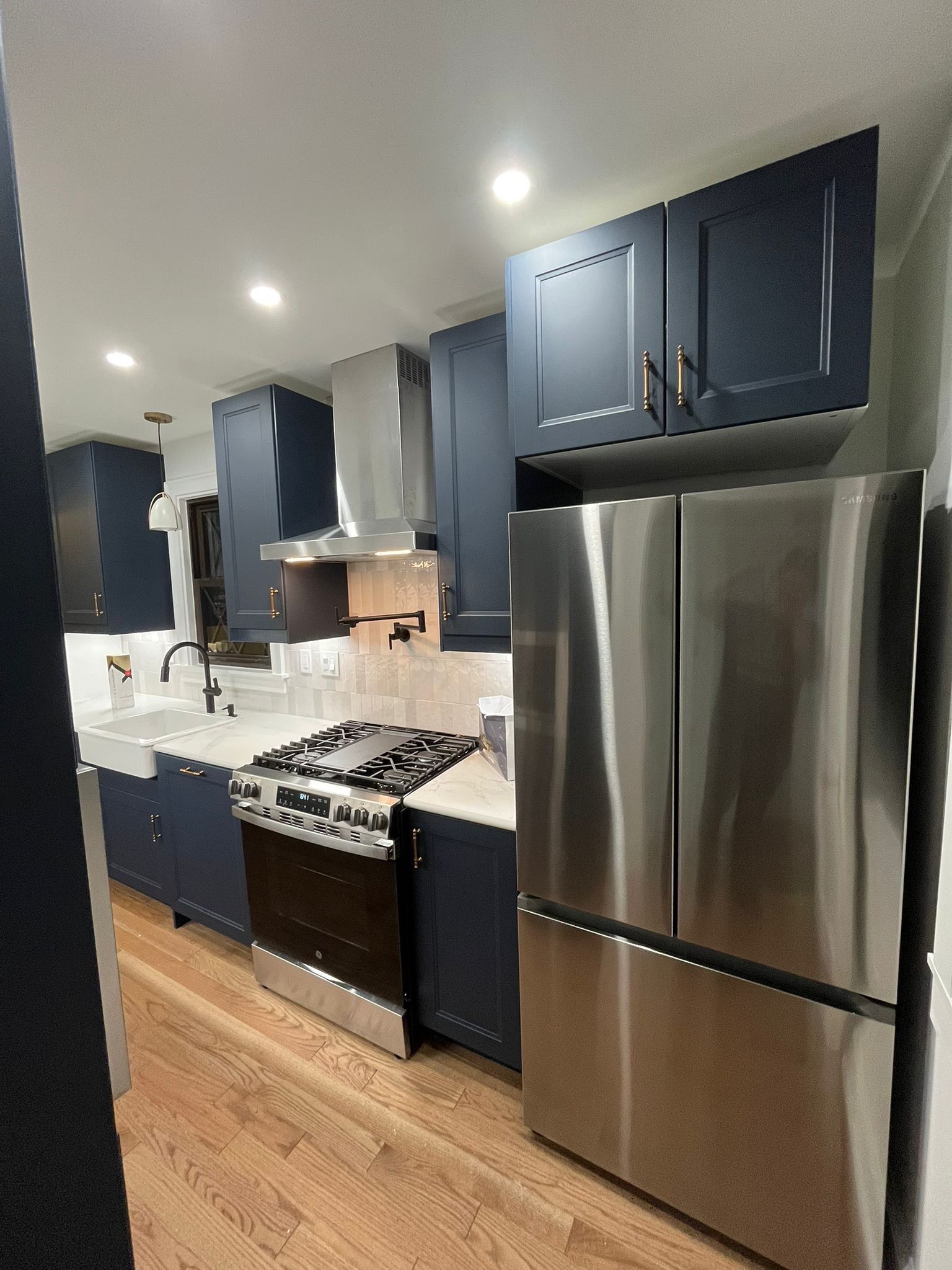 Modern kitchen with blue cabinets, stainless steel appliances, and wood floors.