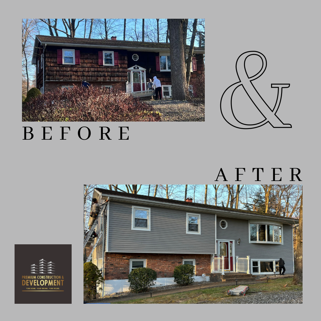 Before and after house renovation: Exterior changes from wood shingle siding to gray siding.