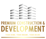 Logo for Premium Construction & Development. Features silver building silhouettes above gold text and a gold tagline.