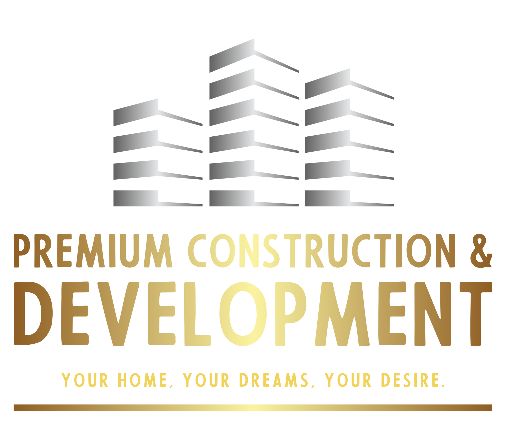 Logo for Premium Construction & Development. Features silver building silhouettes above gold text and a gold tagline.