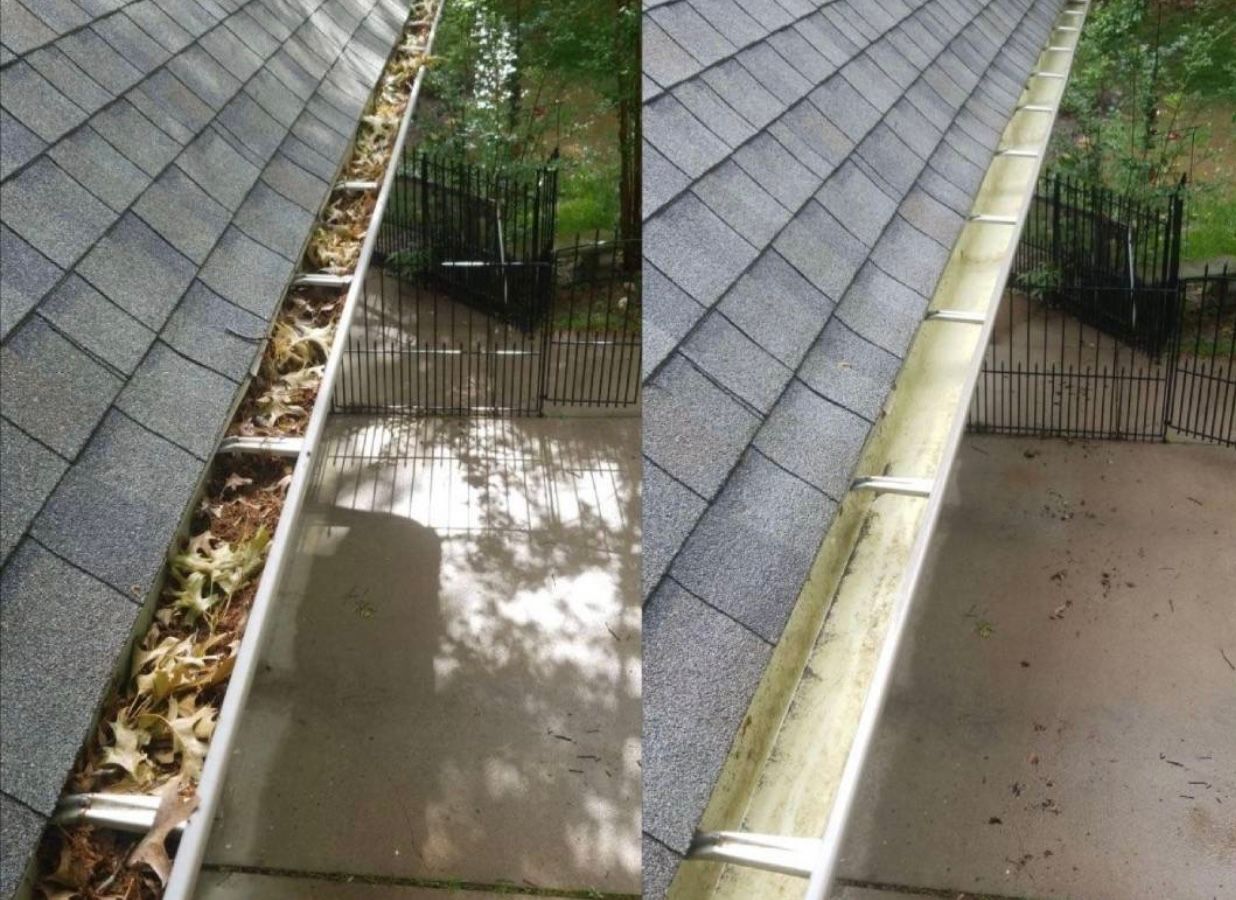 Comparison: gutter filled with leaves (left) and clean gutter (right) next to a tiled roof.