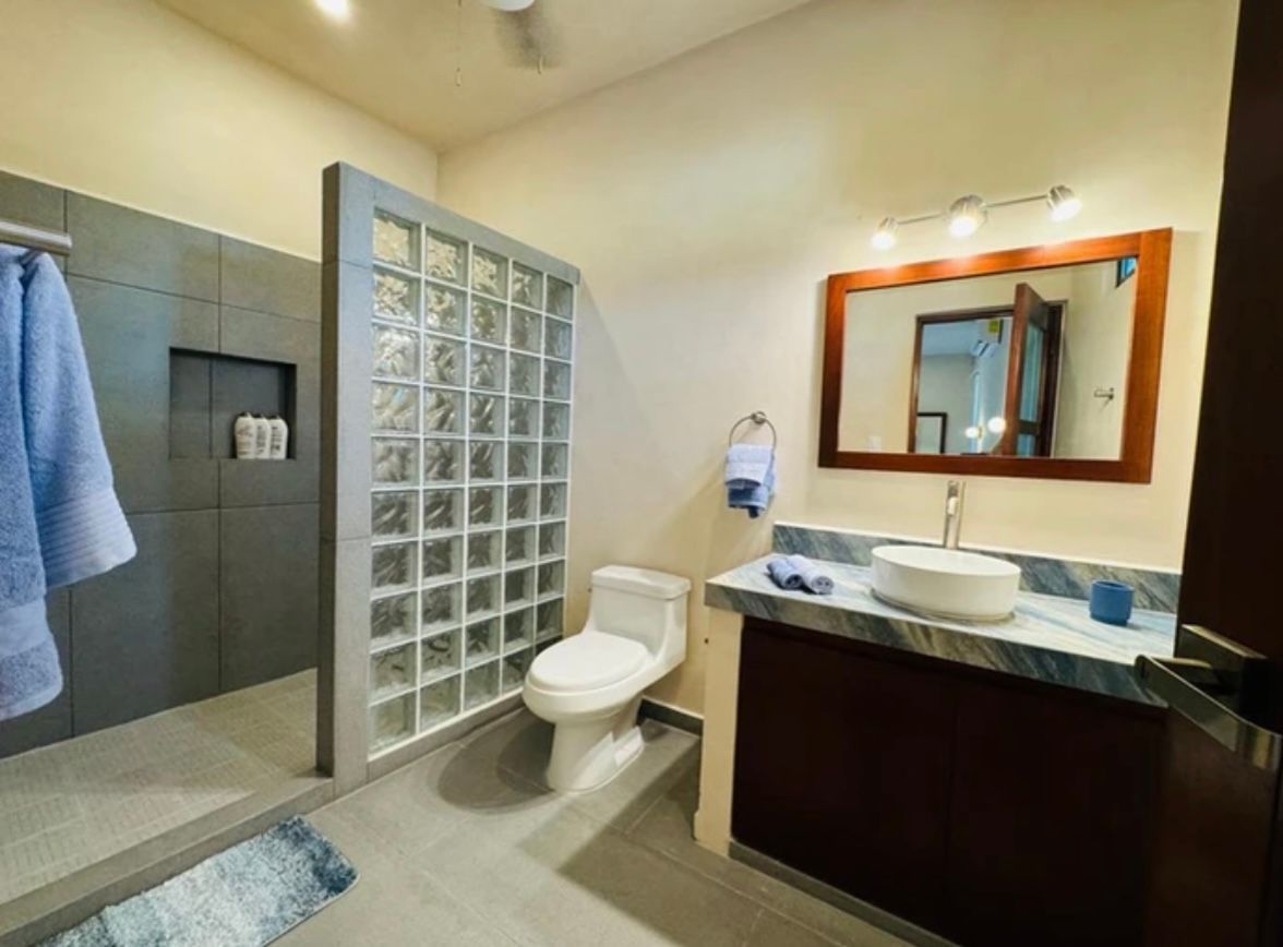 Bathroom with gray tile, glass block shower, toilet, vanity, and mirror.