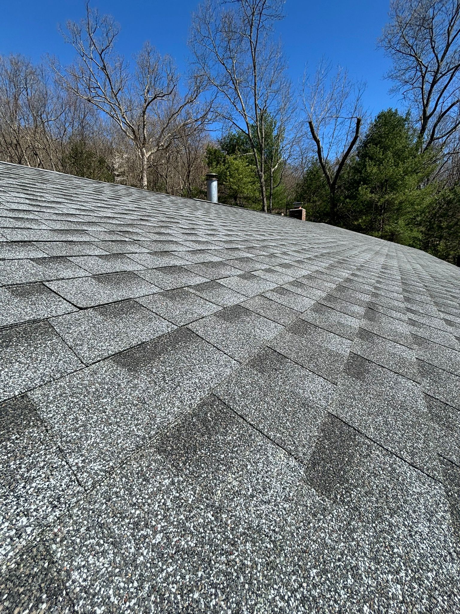 Close-up view of a shingled roof with a chimney and trees in the background under a blue sky.
