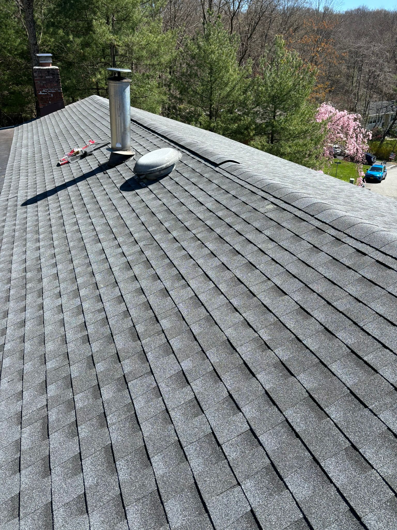 Gray shingle roof with a chimney, vent pipes, and some debris. Trees in the background.