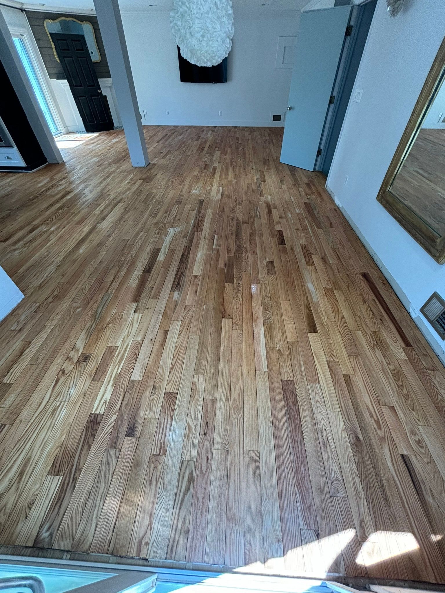 Hardwood floors in a sunlit room, viewed from above. Light fixture hangs from the ceiling.