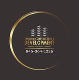 Logo for Premium Construction & Development with gold circle border and building graphic. Includes a phone number.