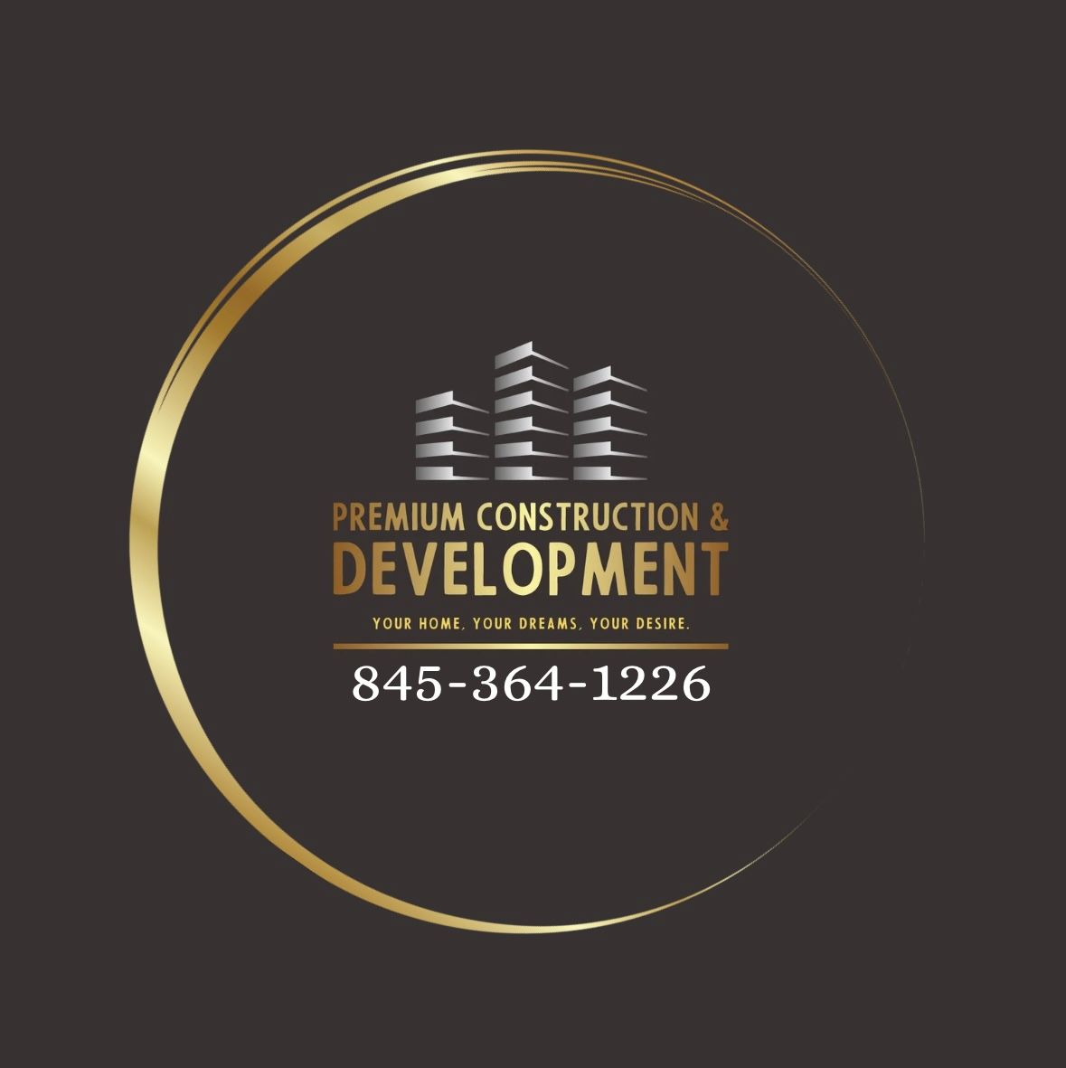 Logo for Premium Construction & Development, gold circle, buildings, phone number.