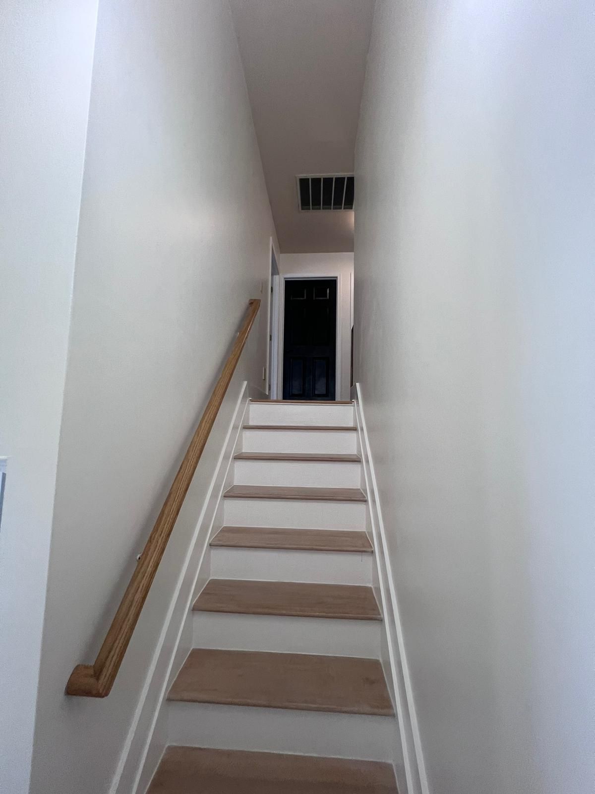 Staircase with light-colored steps, beige runner, and wooden handrail leading up to a dark doorway.