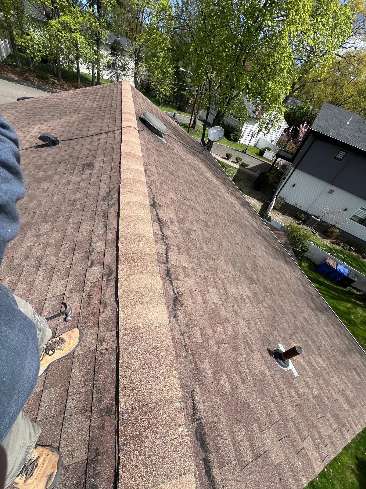 Man on a brown shingle roof; trees, grass, and a house in the background.