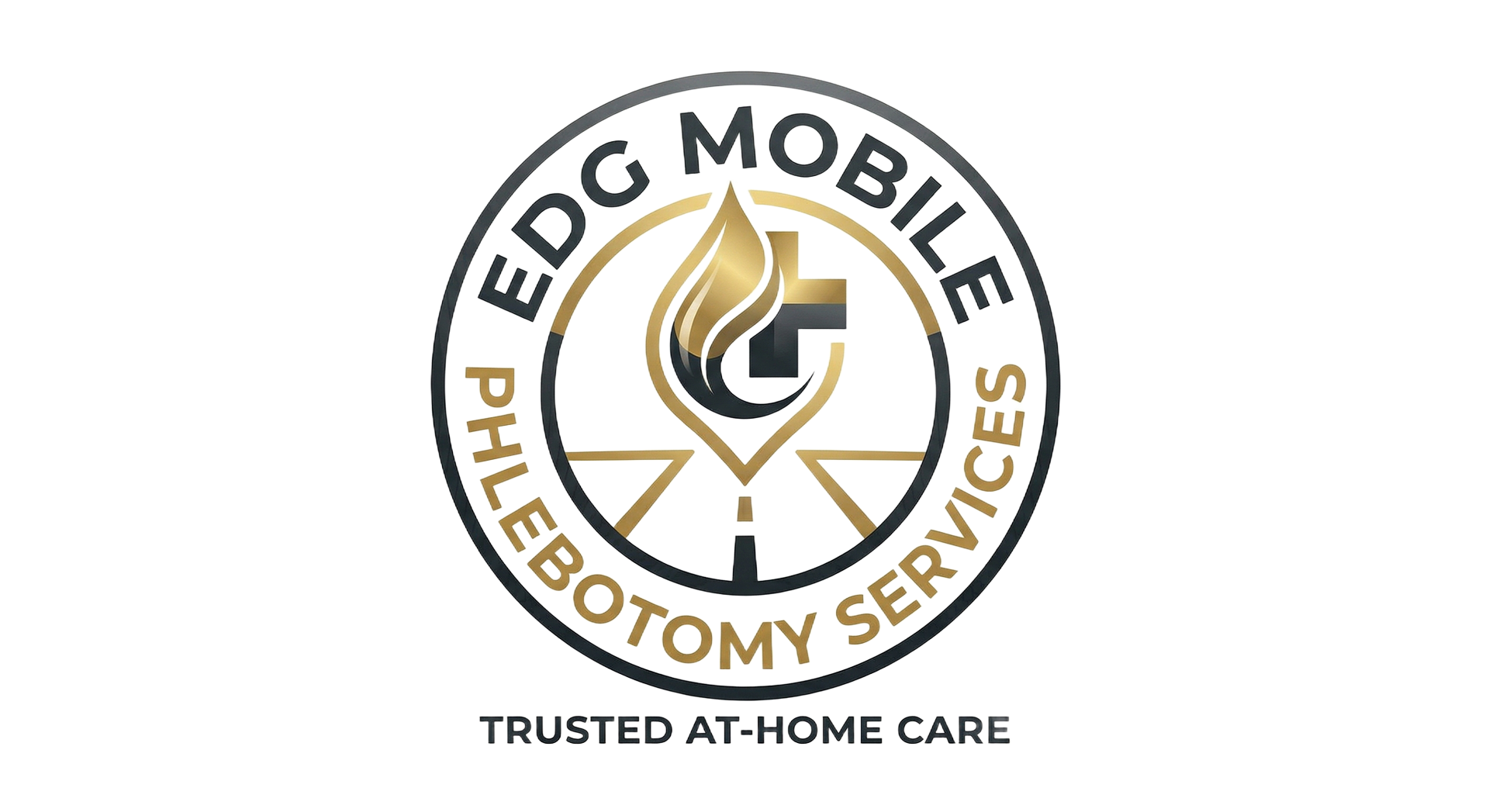 Logo for EDG Mobile Phlebotomy Services, featuring a gold flame and cross icon with text reading