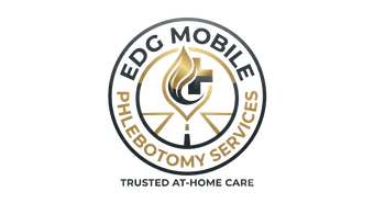 Logo for EDG Mobile Phlebotomy Services, featuring a gold flame and cross icon with text reading