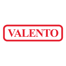 Logo VALENTO rosso all'interno di un bordo rettangolare arrotondato su sfondo bianco.