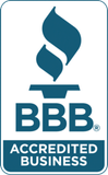 BBB Accredited Business logo in blue and white with stylized flame icon