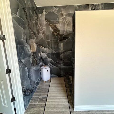 Hall bathroom with dark marble-look walls, a white toilet, and a striped rug running down the floor
