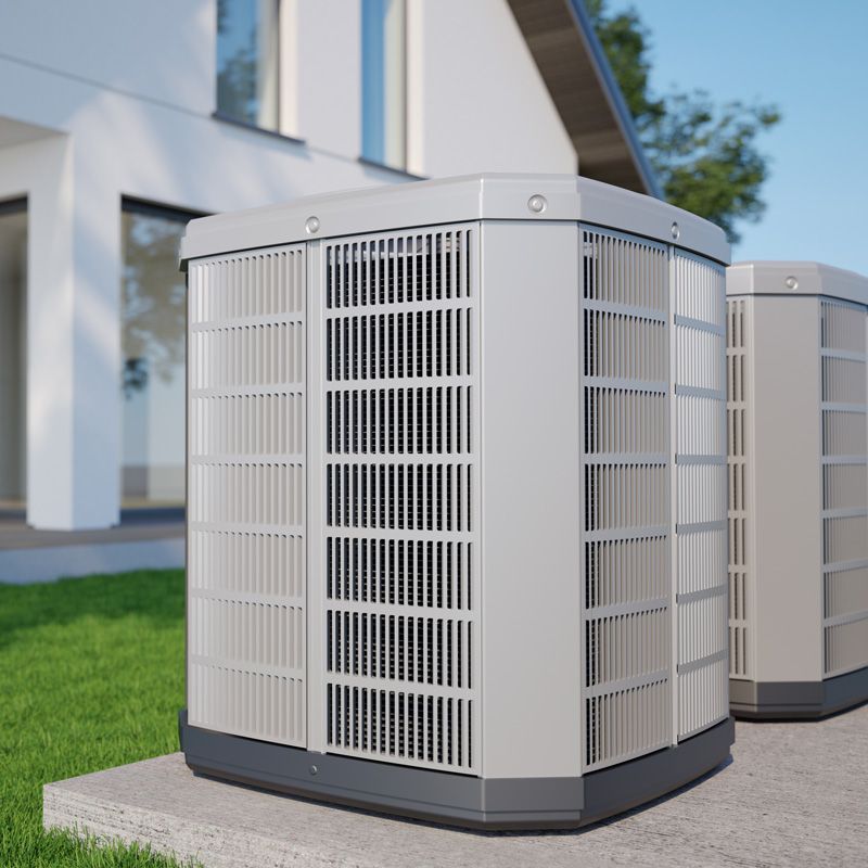 Modern outdoor HVAC units beside a house on a concrete pad and lawn