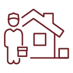 Line icon of a person holding a box beside a house with a small window and garage