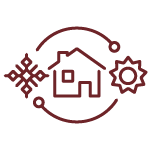 Maroon line icons of a snowflake, house, and sun symbol in a circular design