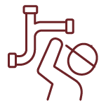 Maroon line icon of a faucet dripping onto a person holding a bucket to catch water