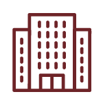 Maroon outline of a multi-story office building icon with windows and central entrance