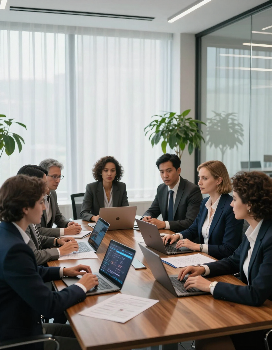 Reunião estratégica entre executivos em ambiente corporativo contemporâneo