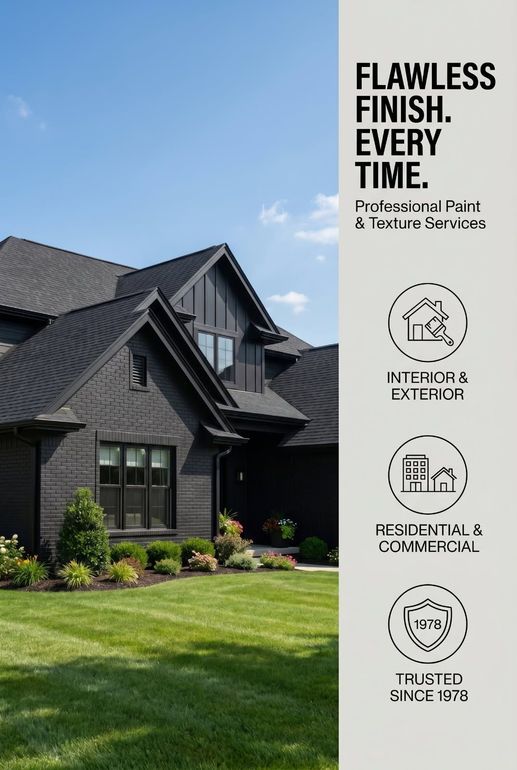 House exterior with gray siding and lawn beside a siding, paint, and windows brochure reading “Flawless Finish. Every Time.”