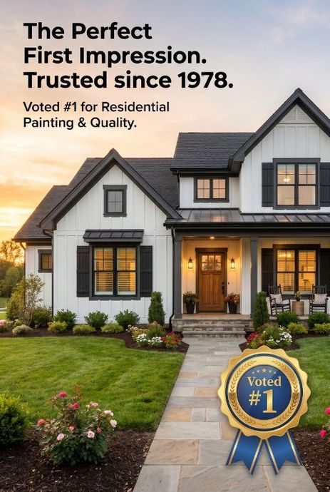 Luxury gray house at sunset with text about trusted painting and quality, plus a #1 award ribbon