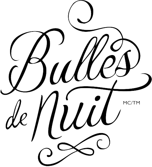 Logo décoratif en caractères noirs avec l'inscription « Bulles de nuit » sur fond blanc
