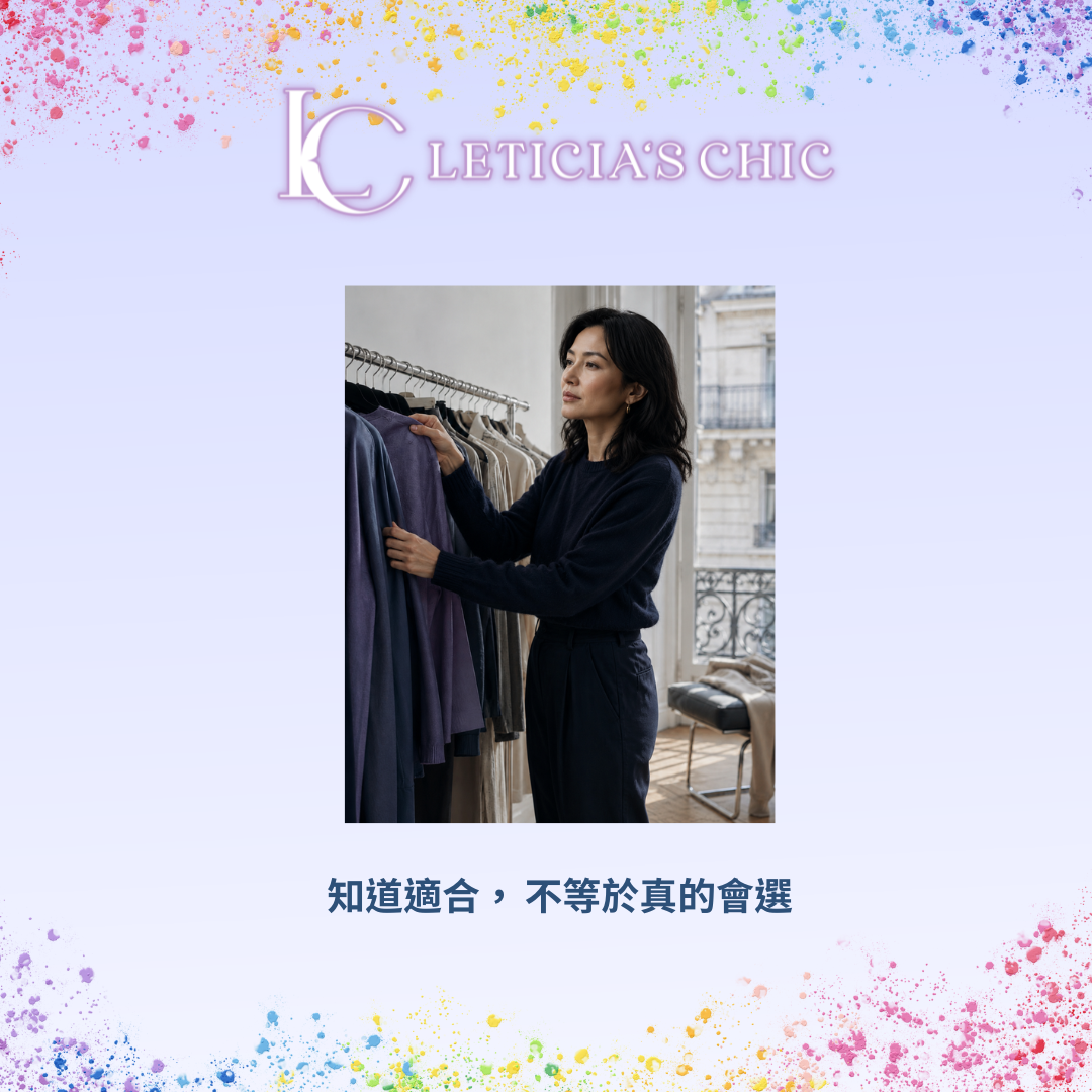 女性在衣架前比較不同藍紫色衣服,思考哪一件真正適合日常穿搭