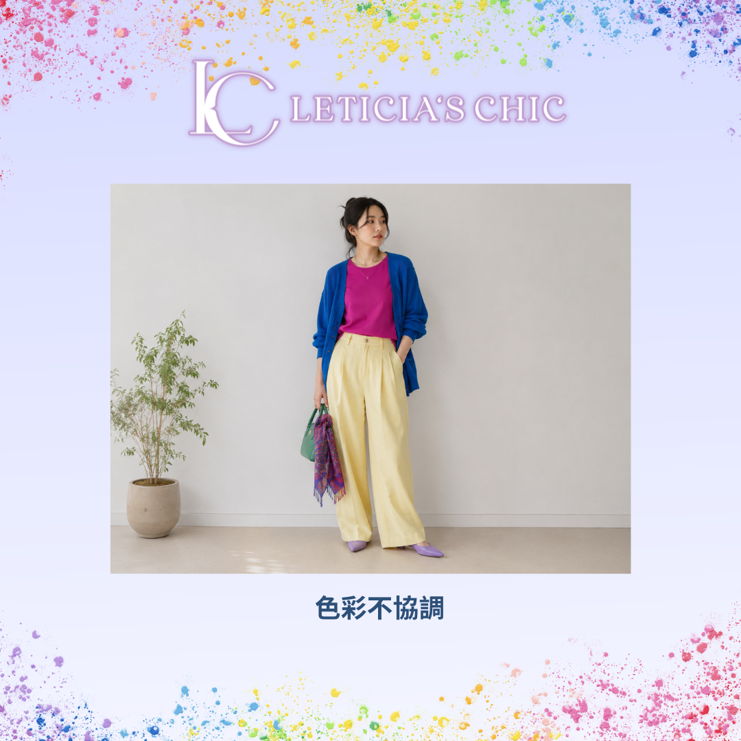 不同冷暖明暗色彩放在同一套穿搭中造成視覺分散
