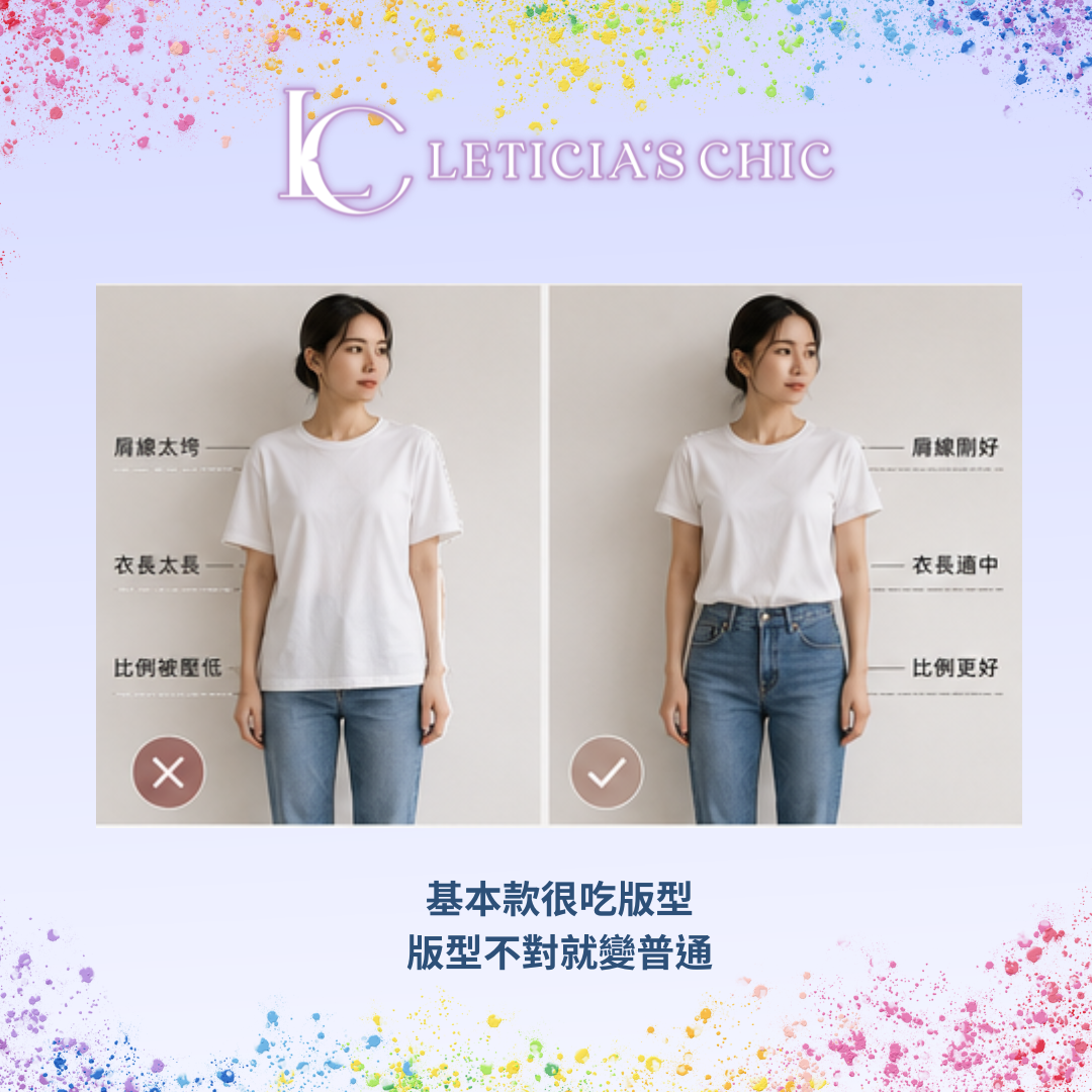 基本款白T不同肩線衣長與版型穿搭效果比較