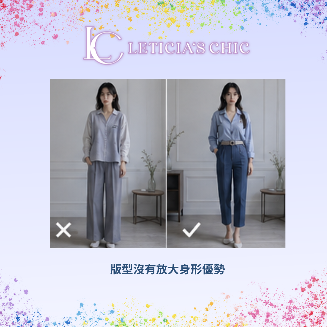 寬鬆無腰身版型遮住身形比例優勢的穿搭示意圖