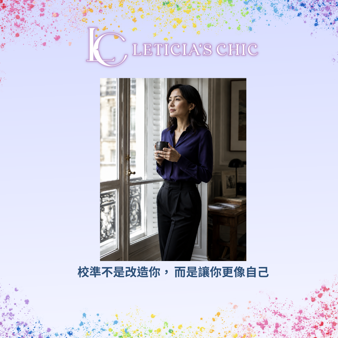 女性在鏡子前整理藍紫色絲巾,呈現透過風格校準更穩定地成為自己