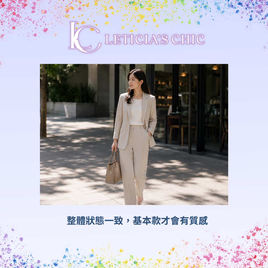 女性穿著簡約基本款西裝外套與直筒褲的日常通勤穿搭