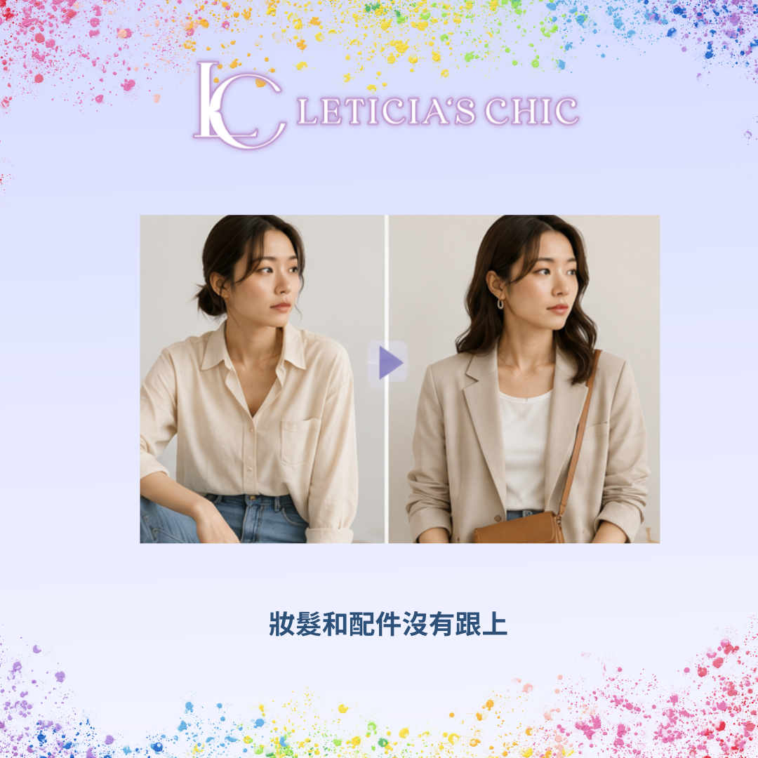 同一套衣服搭配不同髮型鞋包與飾品造成整體完成度差異