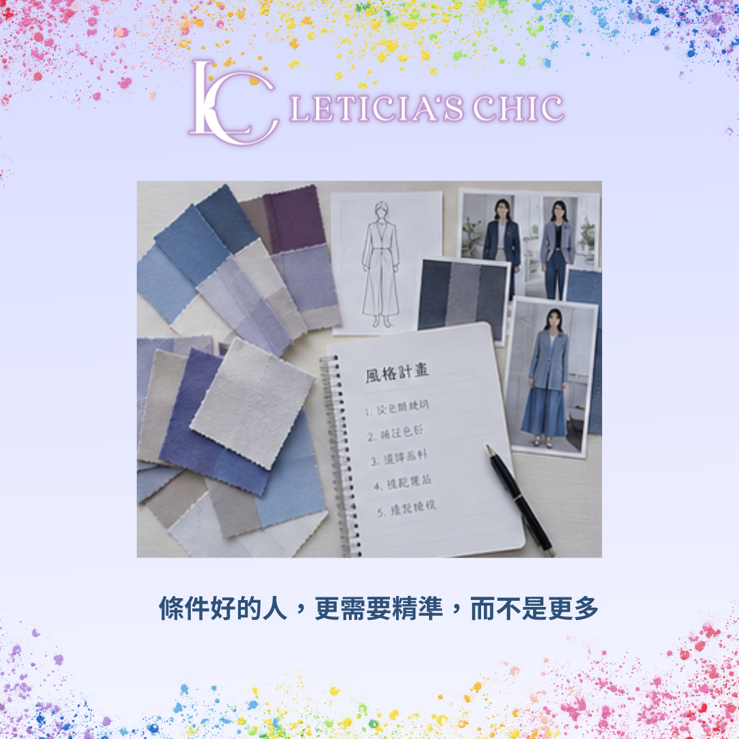 色卡版型布料和妝髮資料整理成精準風格選擇的工作桌面