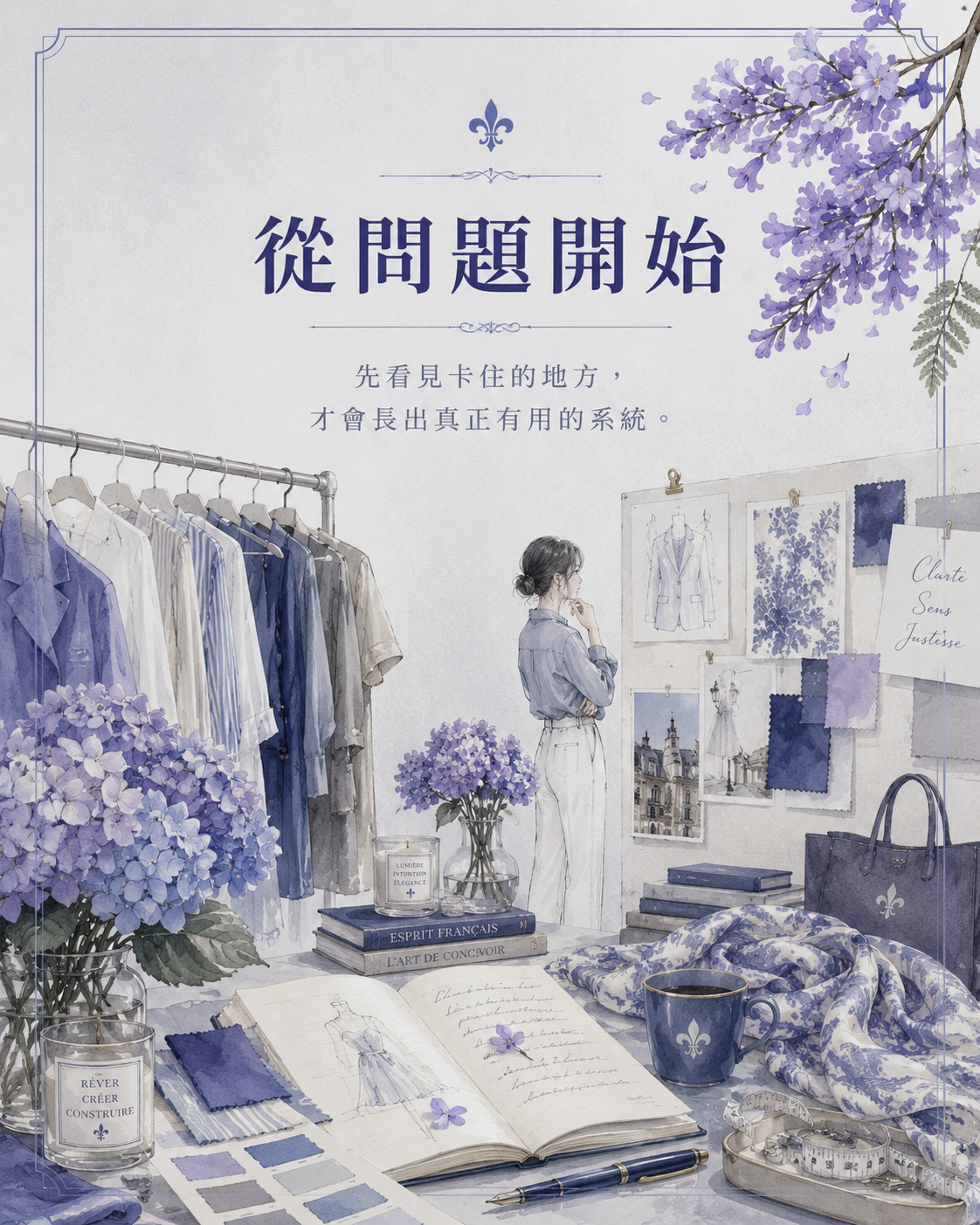 衣櫃前放著混亂衣服、分析筆記與繡球花，呈現風格校準系統從真實穿搭問題開始建立