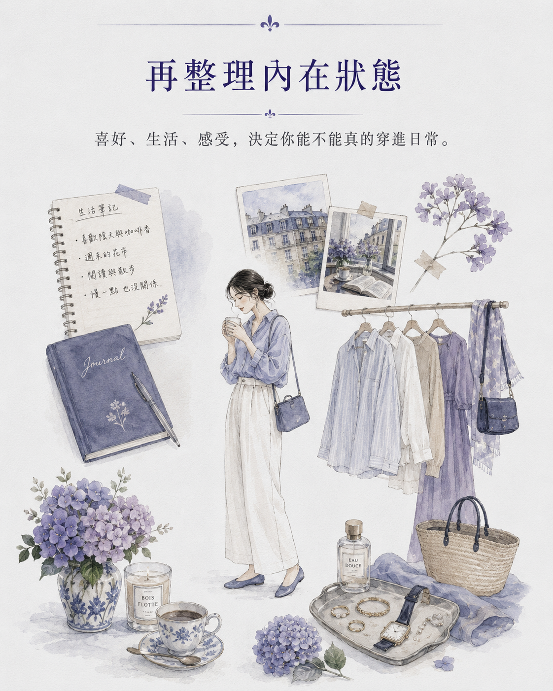 喜歡的衣服照片、生活場合筆記、感受紀錄與藍紫色配件放在桌面上，呈現風格校準系統的內三角