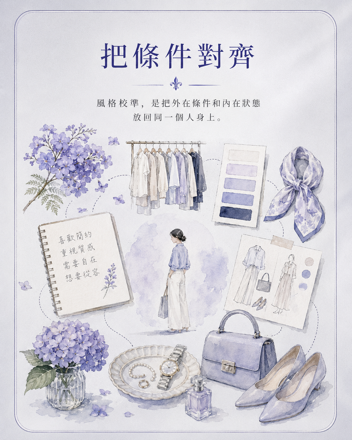 外在分析資料、生活筆記、喜好靈感圖與藍紫色穿搭單品放在一起，呈現外三角和內三角的風格校準