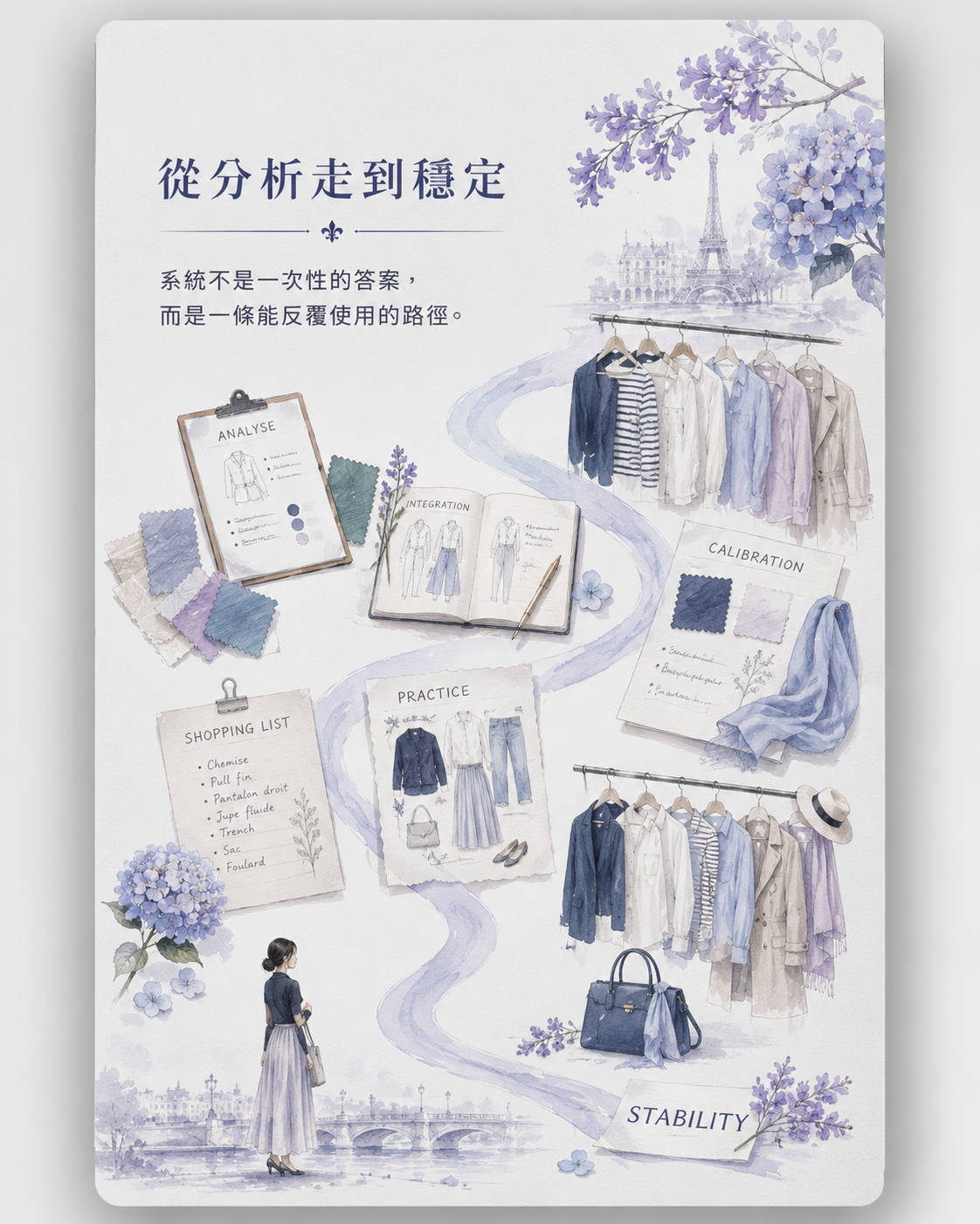 風格校準流程筆記、色票、衣櫃照片、購物清單與藍紫色單品排列，呈現分析整合校準實踐穩定的流程