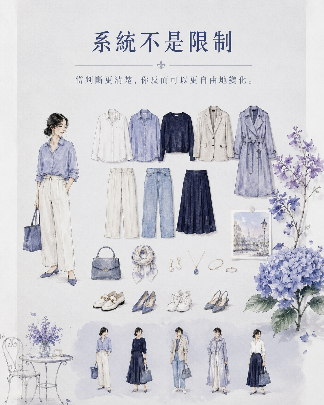 藍紫色基本款衣服搭配不同鞋包絲巾與飾品，呈現風格校準系統帶來更自由的變化