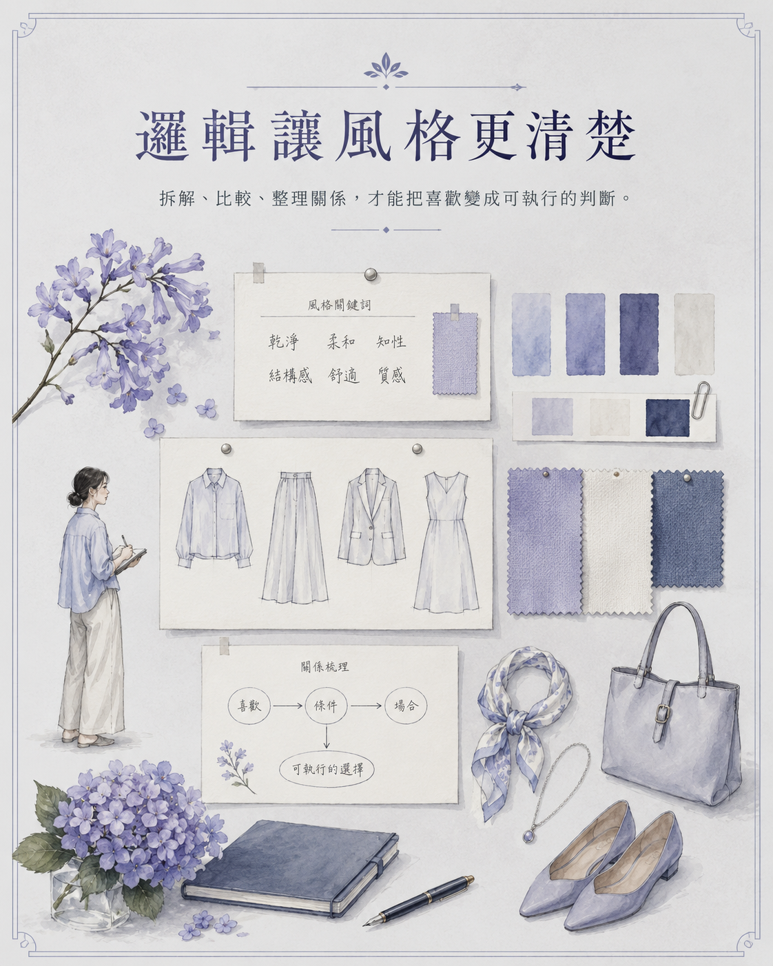 風格筆記本中有色彩、版型、材質與生活角色的關係圖，旁邊放著藍紫色服裝和繡球花
